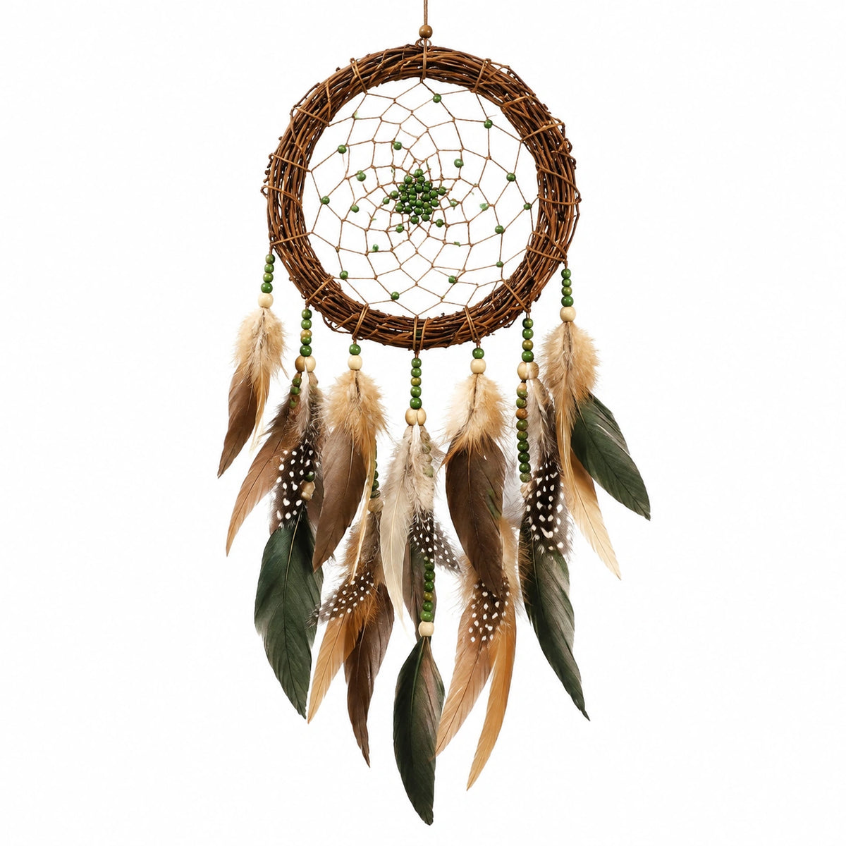Atrapasueños 30 x 70 cm de mimbre marrón con plumas verdes estilo bohemio