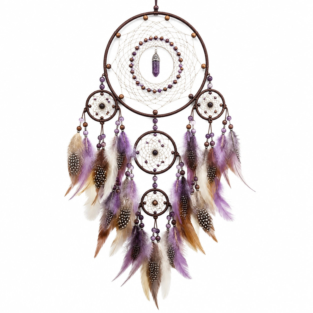 Atrapasueños 35 x 75 cm de cordón y plumas marrón morado para decoración colgante
