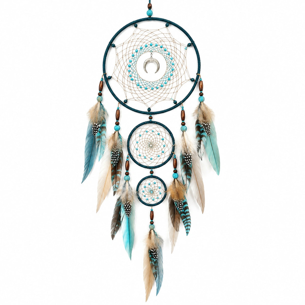 Colgante decorativo 30 x 80 cm de cordón y plumas azul turquesa estilo bohemio