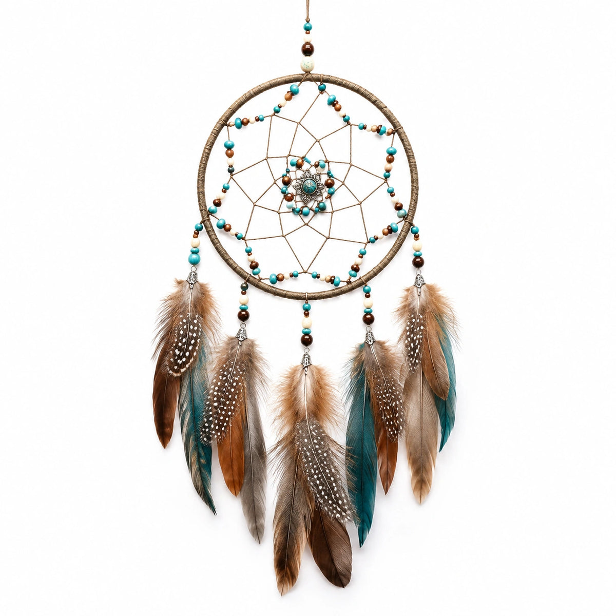 Decoración colgante 30 x 70 cm con aro de cuerda plumas y cuentas estilo bohemio