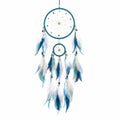 Colgante decorativo de pared 30 x 75 cm con aro forrado red tejida plumas azul y blanco estilo bohemio