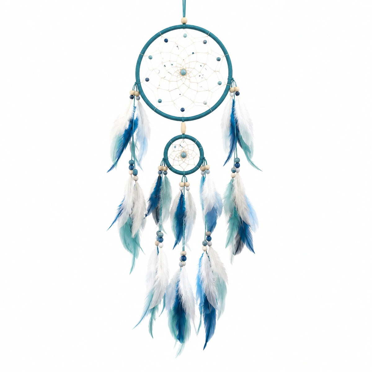 Colgante decorativo de pared 30 x 75 cm con aro forrado red tejida plumas azul y blanco estilo bohemio