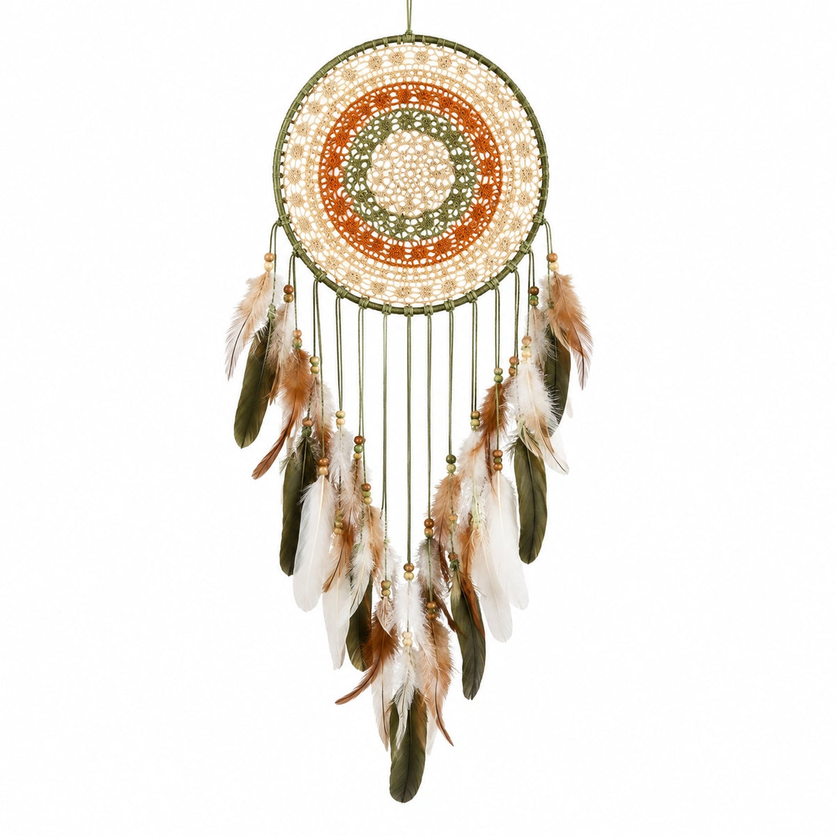 Atrapasueños 30 x 80 cm de fibras textiles verde beige y naranja estilo bohemio colgante decorativo