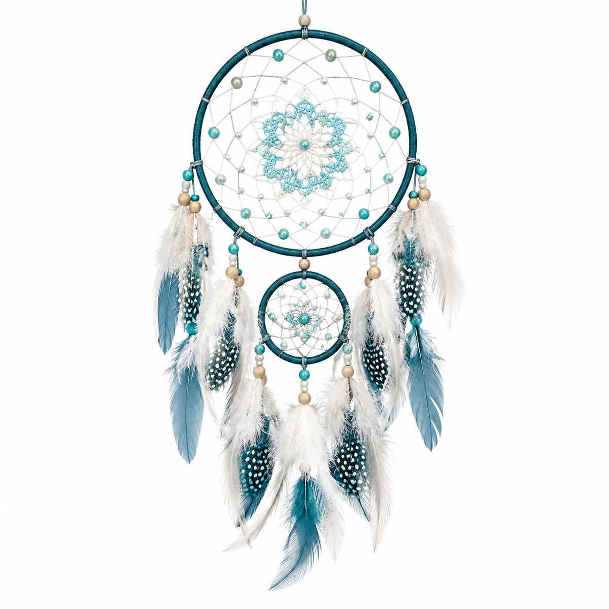 Colgante decorativo tejido 30 x 80 cm de cordón textil turquesa y blanco con plumas para pared estilo bohemio