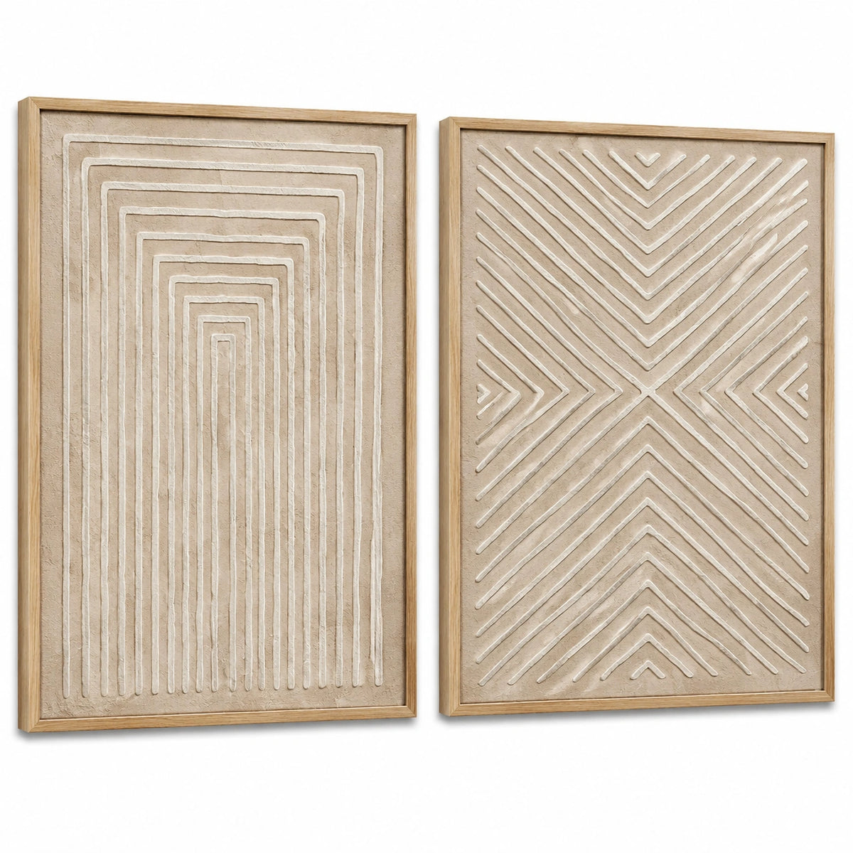 Set de 2 cuadros decorativos 40 x 60 cm con marco de madera beige para pared estilo geométrico en relieve