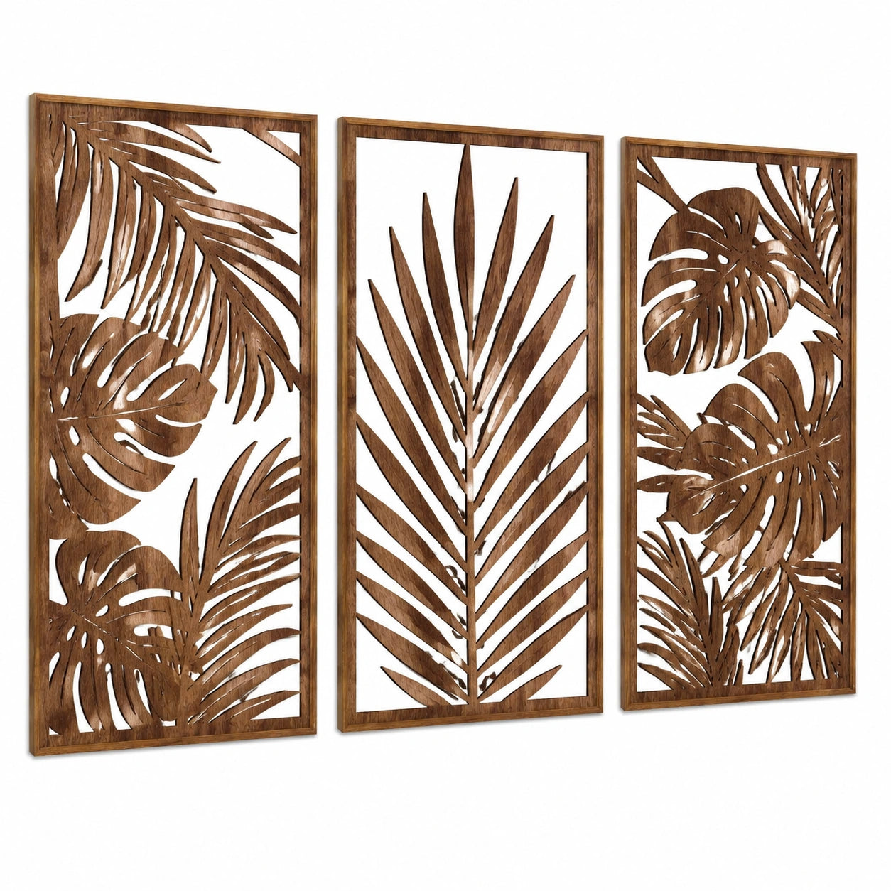 Set de 3 paneles decorativos de pared 40 x 100 cm en madera marrón estilo botánico calado
