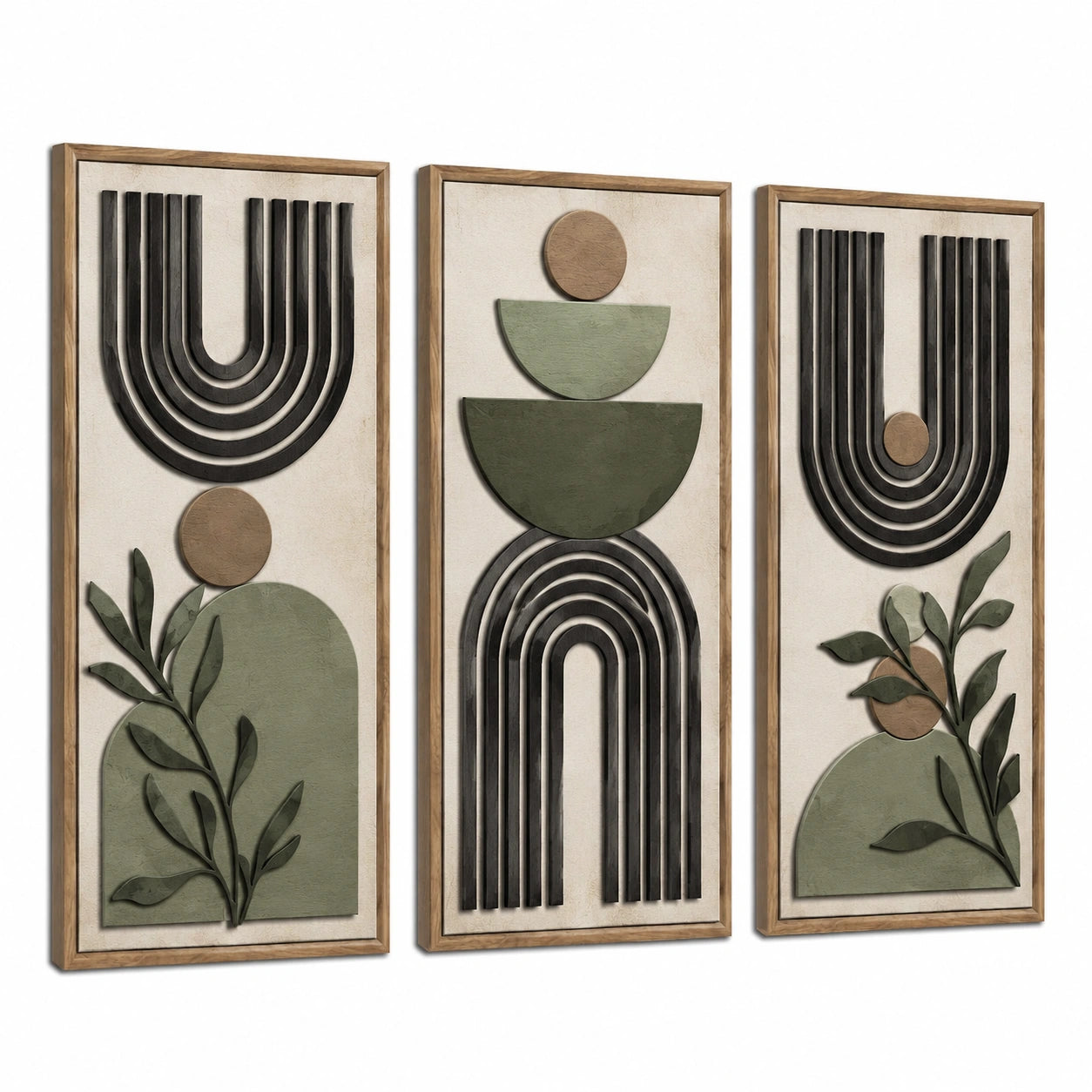 Juego de cuadros decorativos 40 x 100 cm de madera beige verde y negro - relieve geométrico para pared
