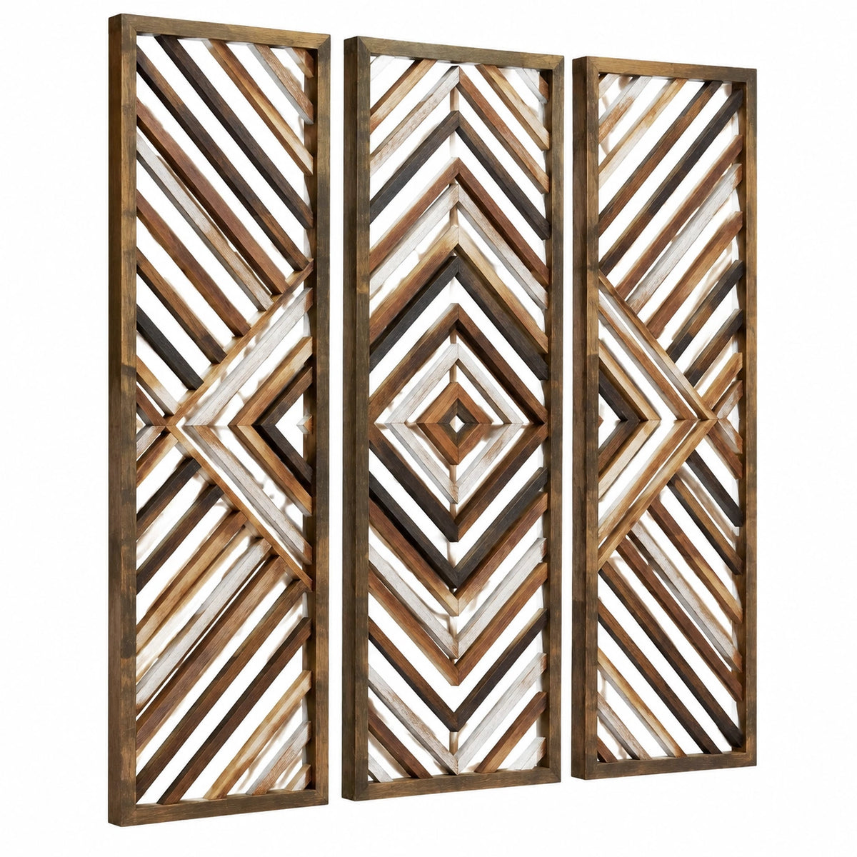Set de 3 paneles decorativos de pared 120 x 40 cm de madera marrón y blanco con diseño geométrico