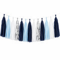 Guirnalda de borlas 300 x 30 cm de papel azul marino celeste blanco y plateado - decoración colgante para fiestas