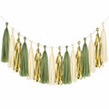 Guirnalda decorativa 300 cm de papel verde crema dorado con borlas para fiestas