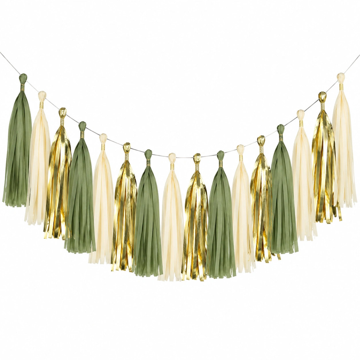 Guirnalda decorativa 300 cm de papel verde crema dorado con borlas para fiestas