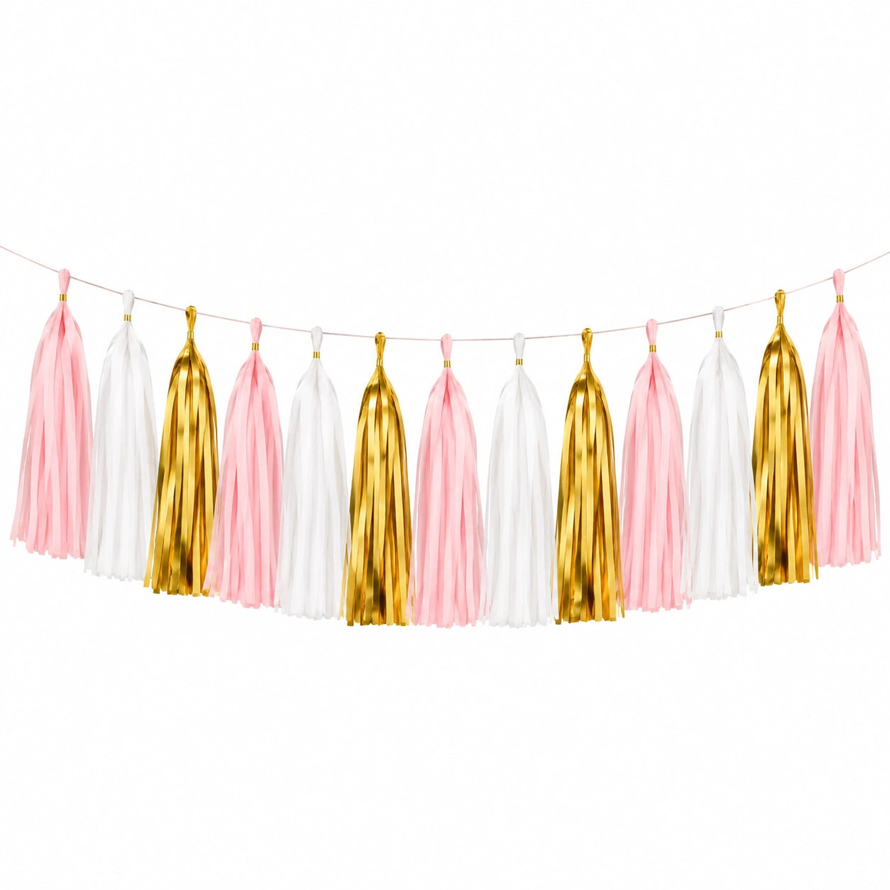 Guirnalda de borlas 300 cm de papel rosa blanco dorado - decoración colgante para fiestas