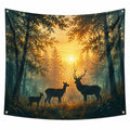 Tapiz de pared 150 x 130 cm de poliéster verde y dorado con ciervos estilo bosque