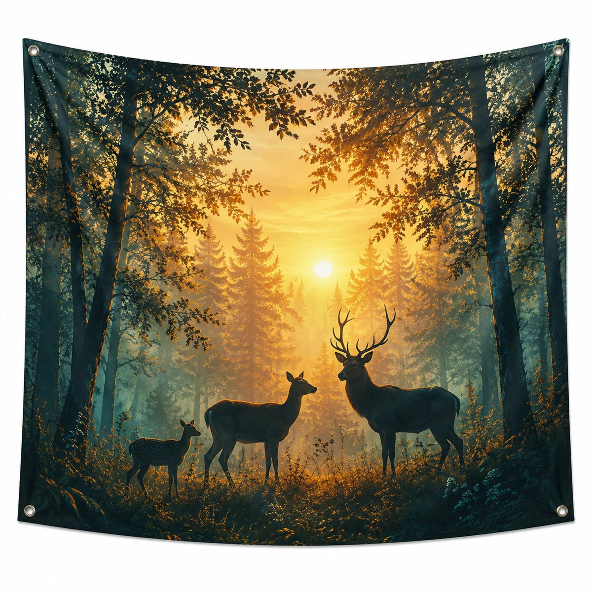 Tapiz de pared 150 x 130 cm de poliéster verde y dorado con ciervos estilo bosque
