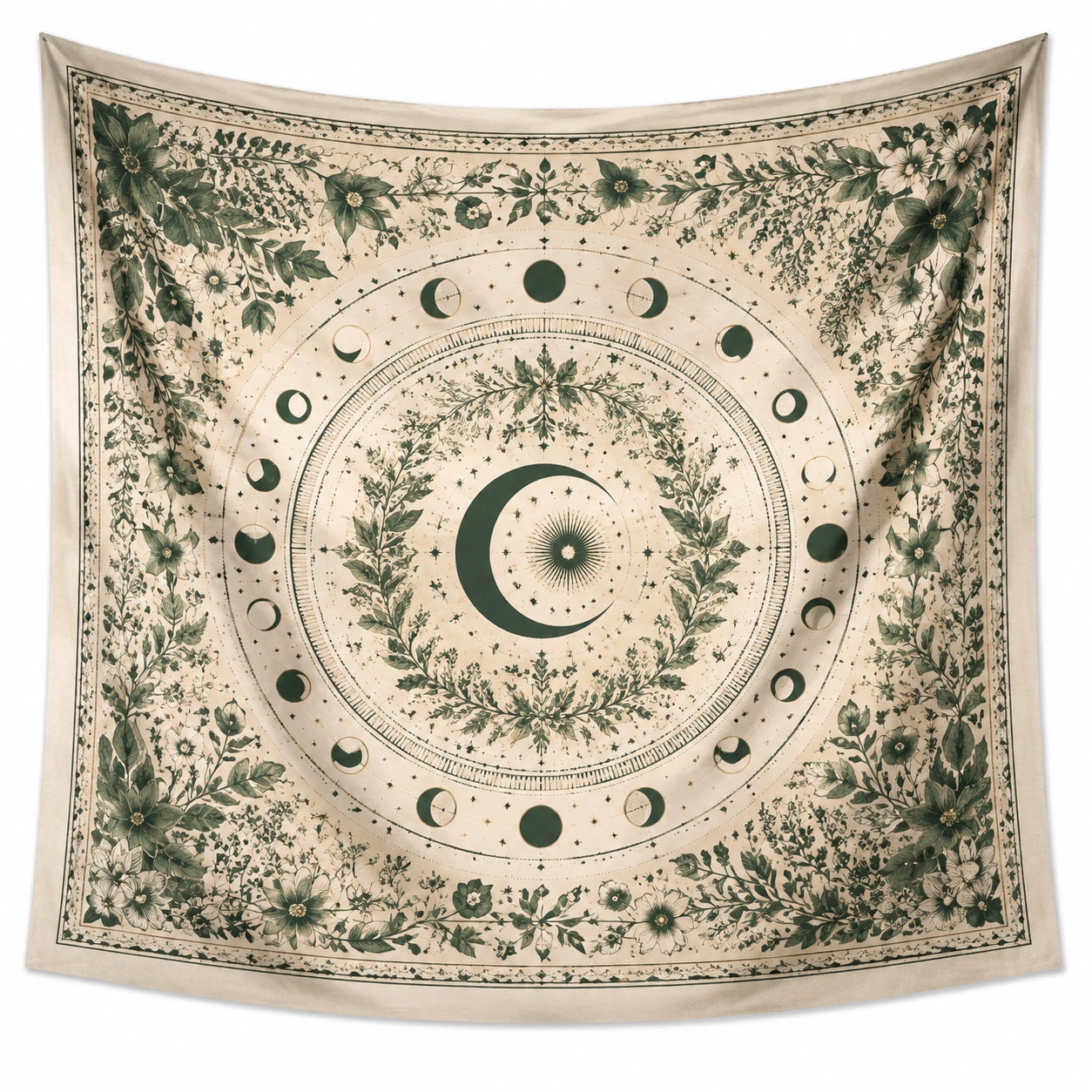 Tapiz mural 150 x 150 cm de poliéster beige y verde con estampado botánico y fases lunares