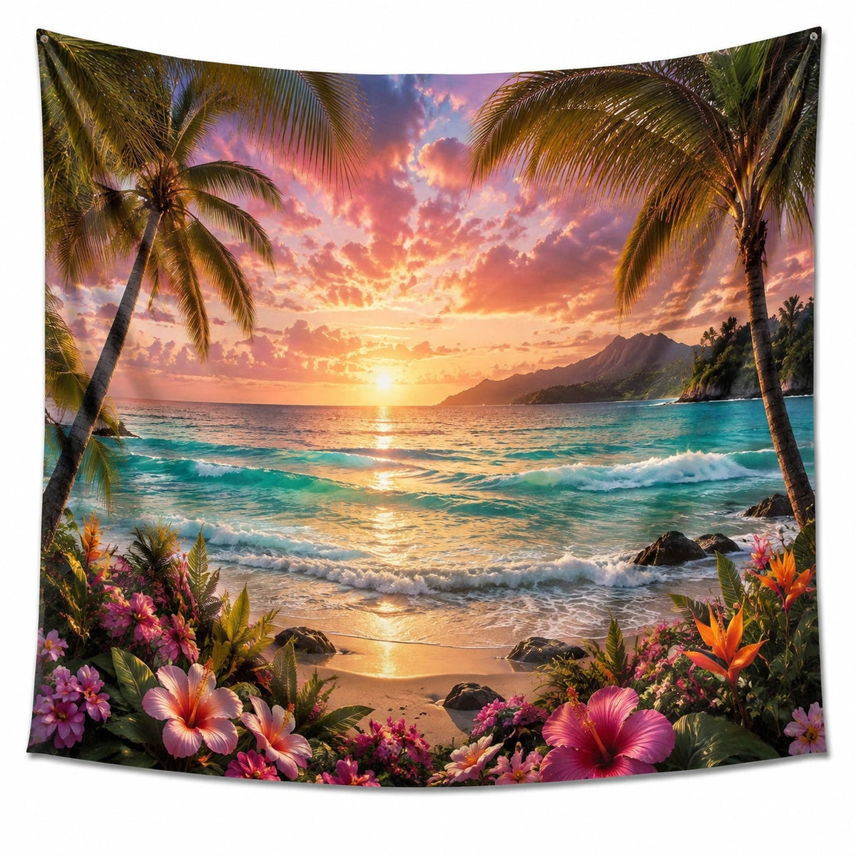 Tapiz de pared 150 x 130 cm de poliéster multicolor con playa tropical y atardecer