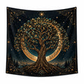 Tapiz de pared 150 cm x 150 cm de poliéster negro y dorado con árbol y luna estilo celestial