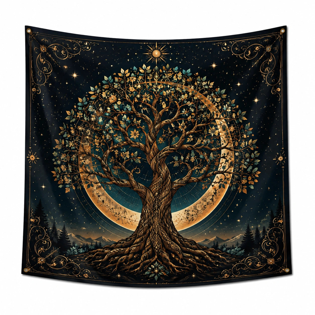 Tapiz de pared 150 cm x 150 cm de poliéster negro y dorado con árbol y luna estilo celestial