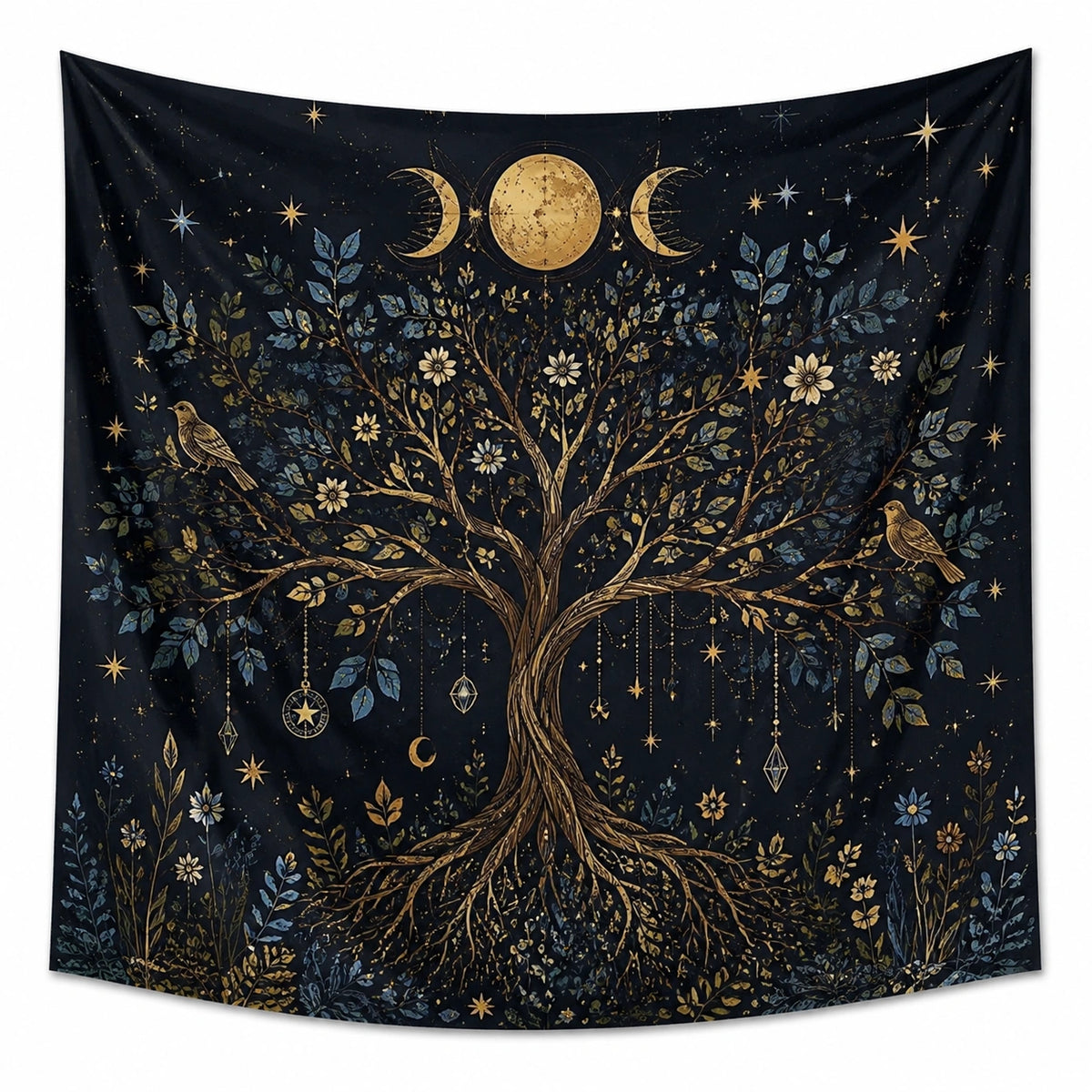 Tapiz de pared 150 x 130 cm de poliéster negro con árbol y luna estilo celestial