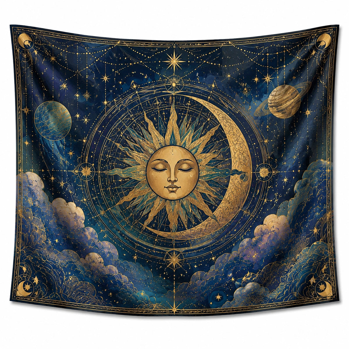Tapiz decorativo 150 x 150 cm de poliéster azul marino y dorado con diseño celestial