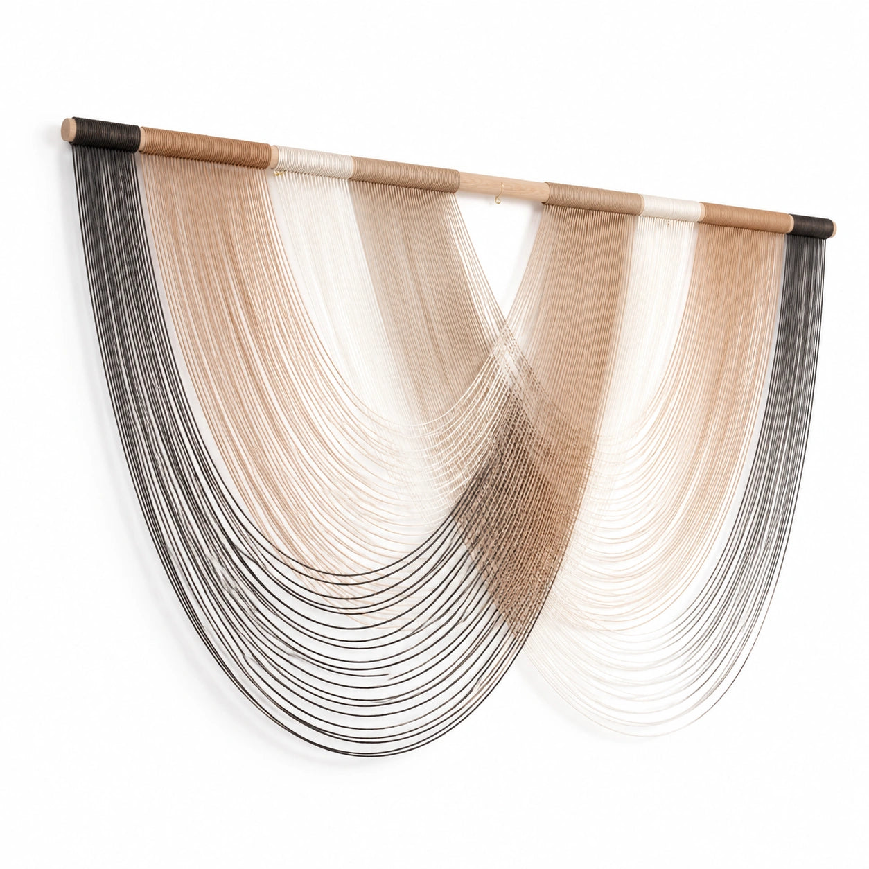 Tapiz de pared 120 x 110 cm de cordón textil beige blanco negro y marrón con barra de madera - decoración colgante artesanal