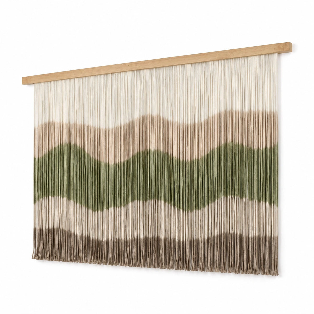 Tapiz de pared 100 x 90 cm de fibras textiles beige verde y marrón con varilla de madera estilo bohemio