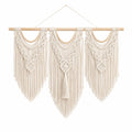 Tapiz de pared macramé 120 x 100 cm de algodón beige con barra de madera estilo bohemio