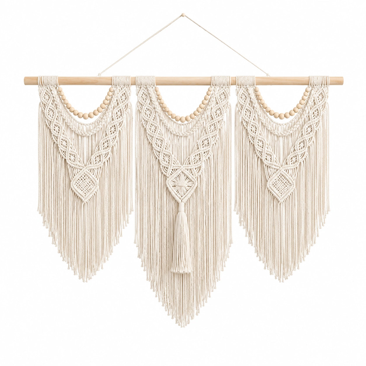 Tapiz de pared macramé 120 x 100 cm de algodón beige con barra de madera estilo bohemio