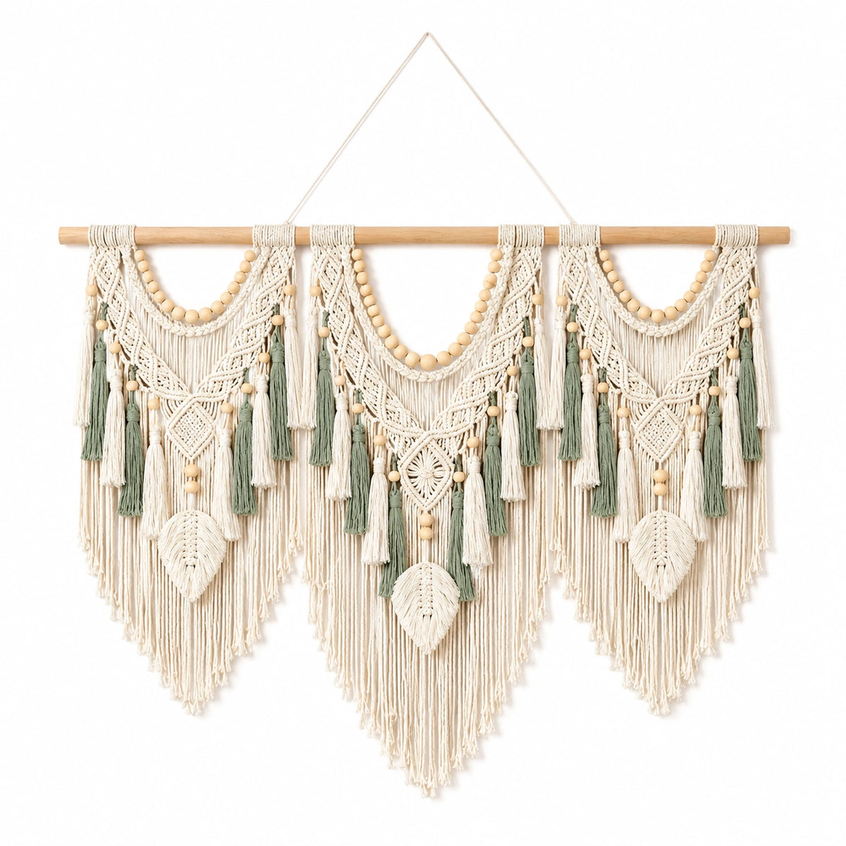 Tapiz de pared de macramé 120 x 95 cm de algodón beige y verde con flecos estilo bohemio