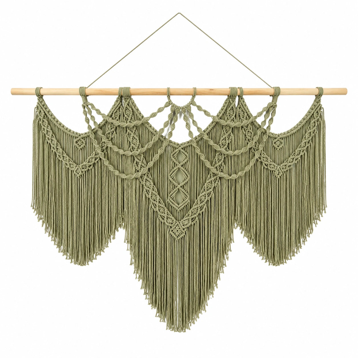 Tapiz de pared de macramé 100 x 100 cm de algodón verde salvia con barra de madera estilo bohemio