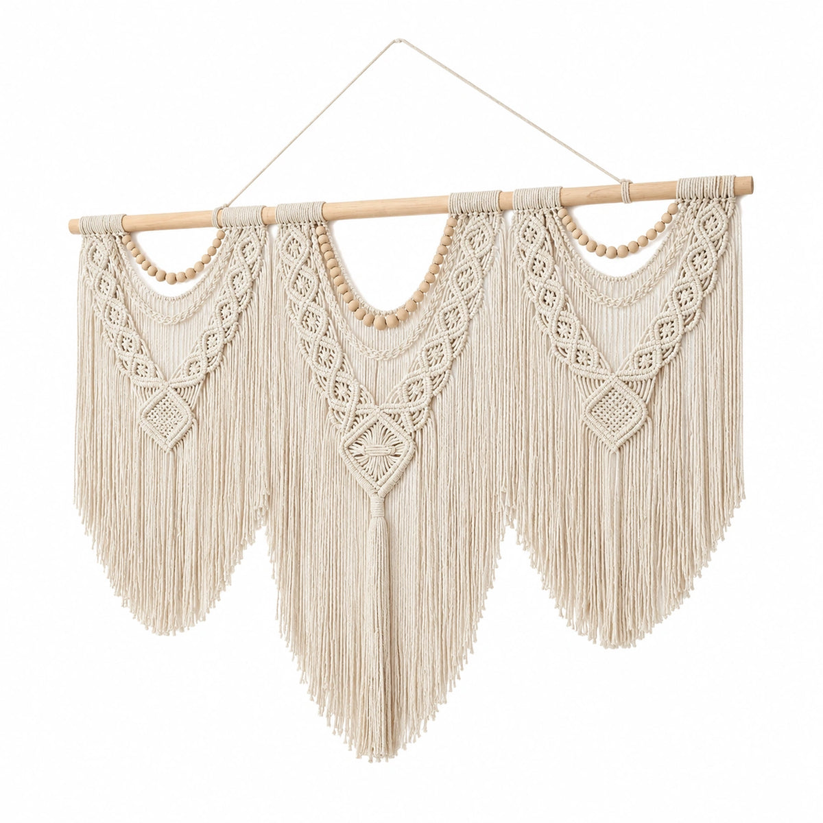 Tapiz de pared 100 x 95 cm de algodón beige con flecos estilo bohemio