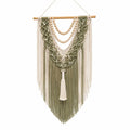 Tapiz de pared 45 x 90 cm de algodón verde y beige con flecos estilo bohemio