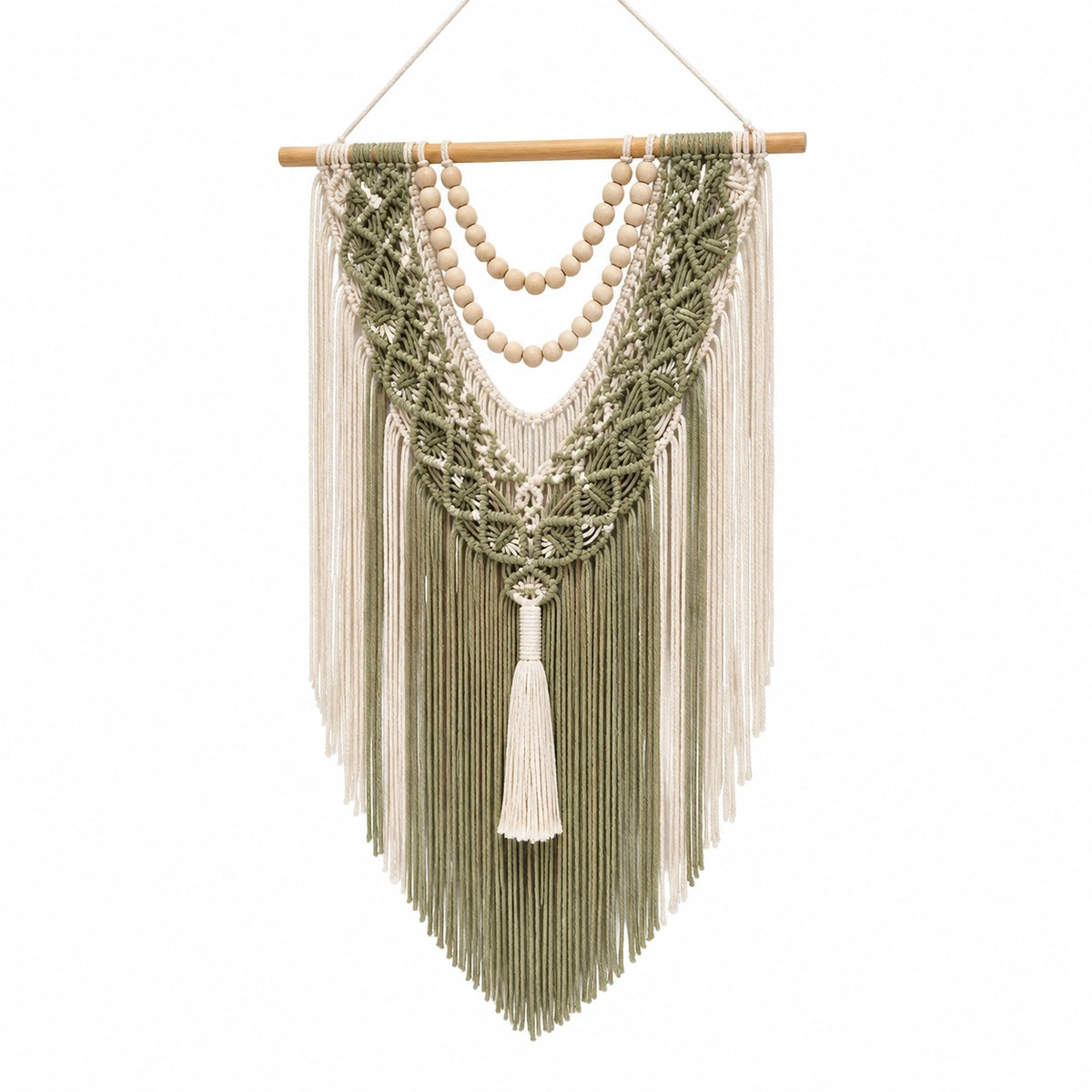 Tapiz de pared 45 x 90 cm de algodón verde y beige con flecos estilo bohemio