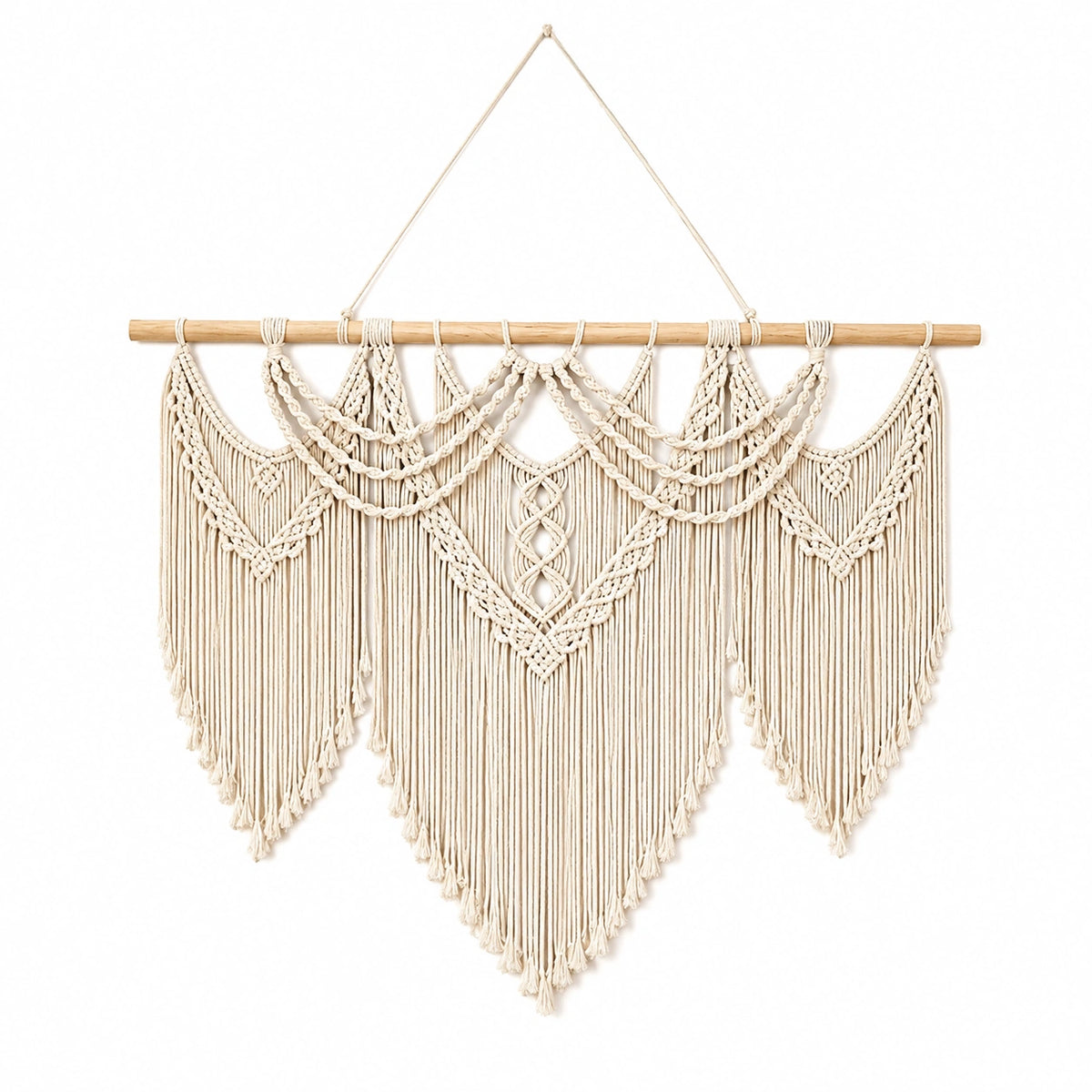 Tapiz de pared 100 x 100 cm de algodón blanco roto con barra de madera estilo bohemio